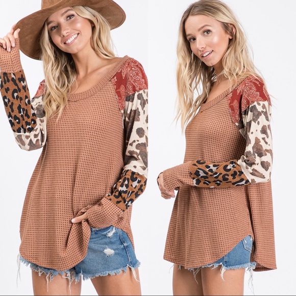 Mix Match Sleeve Waffle Patterned Knit Top - Picture 5 of 8